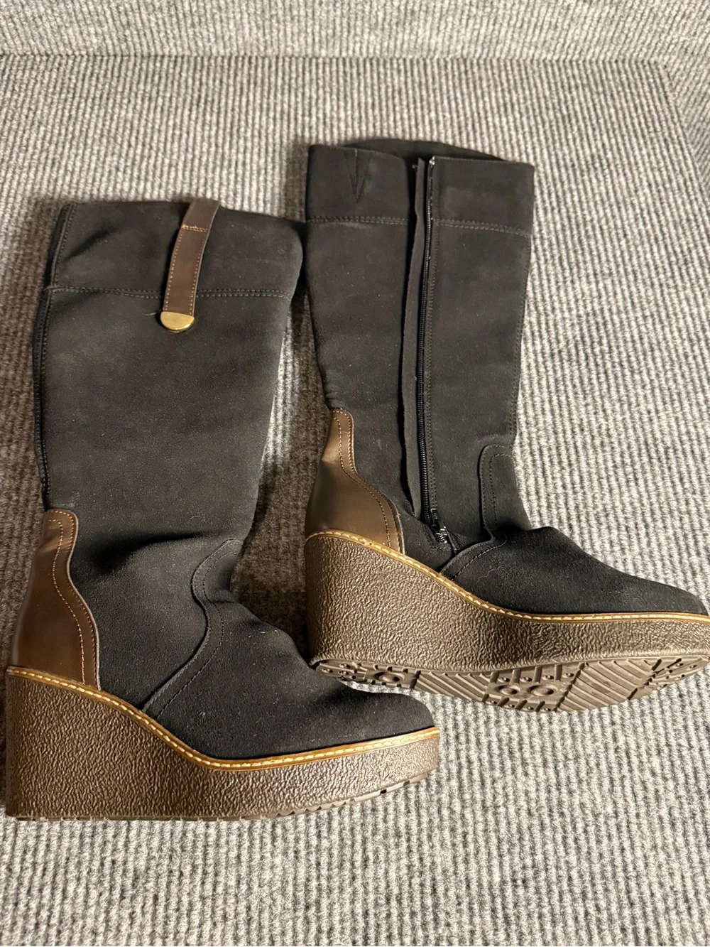 Route 66 Black Suede Knee High Wedge Boots Brown Trim Size 9